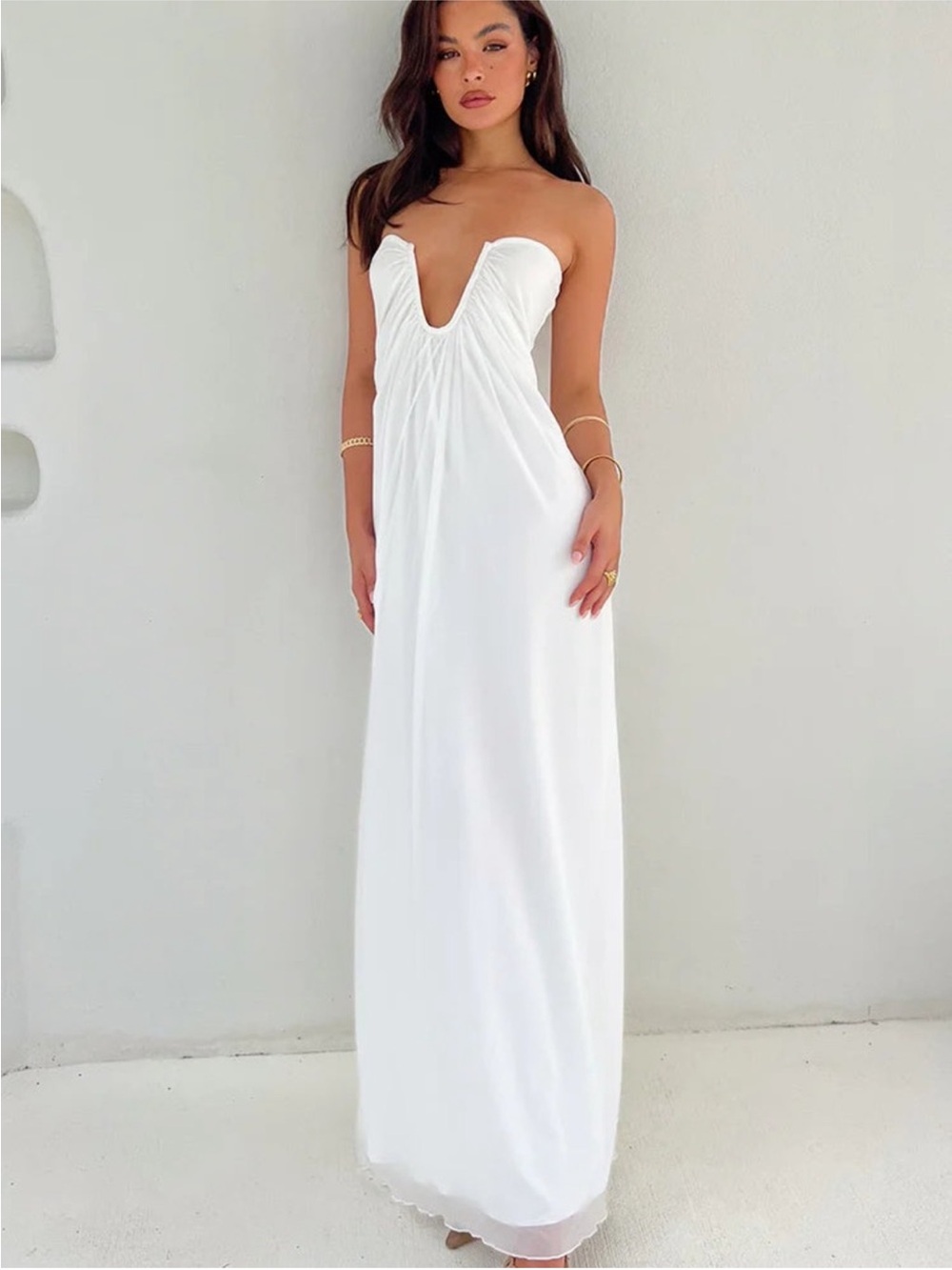 Beginning Boutique Strapless White Maxi Dress with Deep Plunge